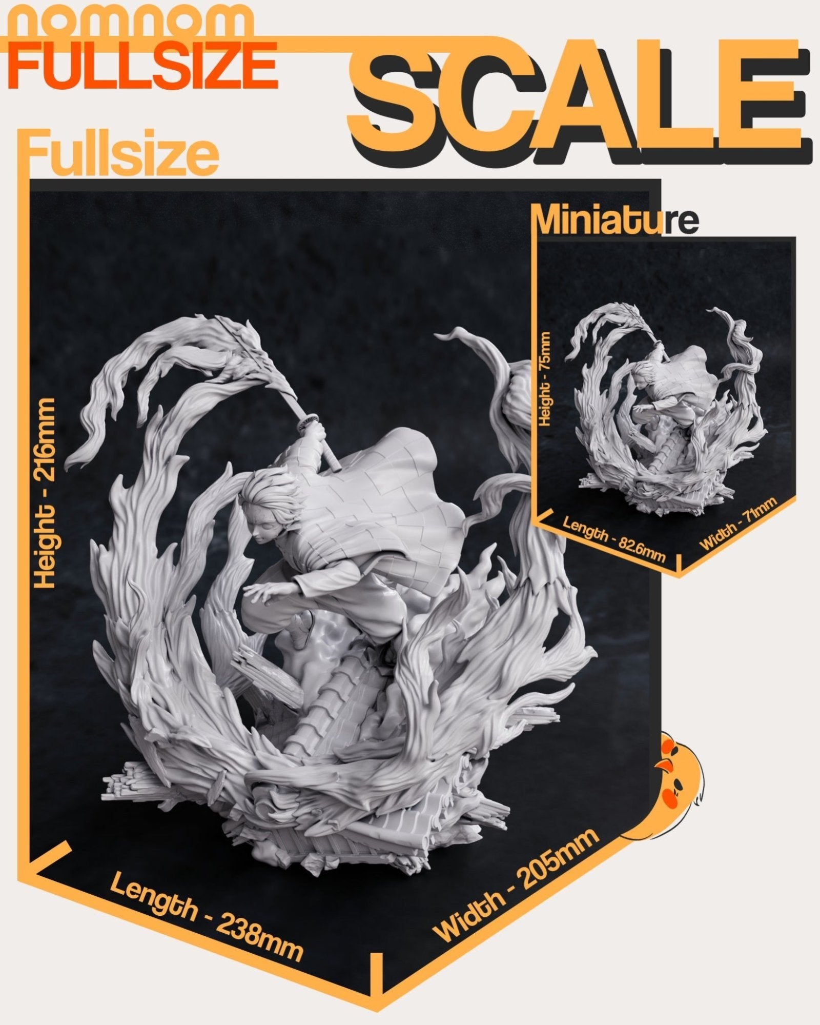 Size comparison showing the full-size and miniature scale of the Tanjiro Kamado figure, emphasizing dimensions and intricate design.