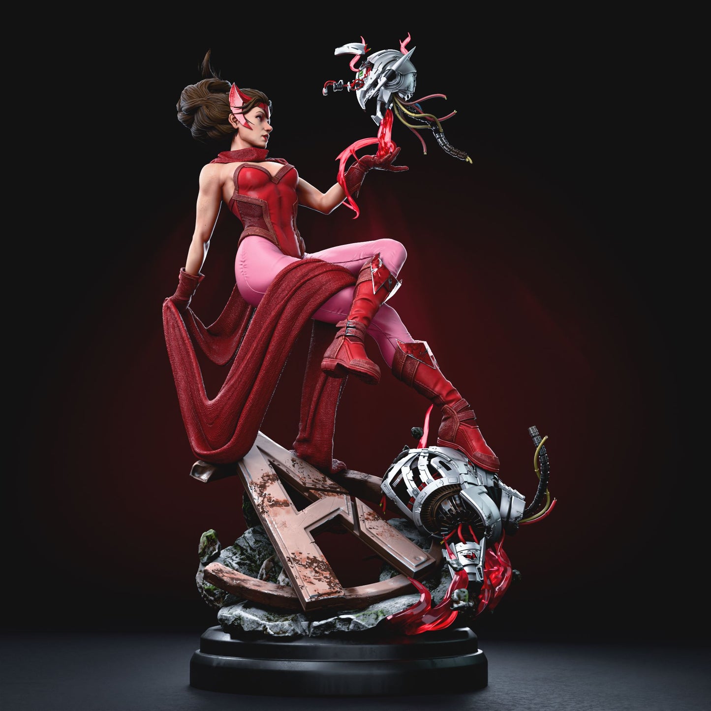 Full-body view of Scarlet Witch standing on a rocky base, lifting Ultron’s head with magical red energy effects.