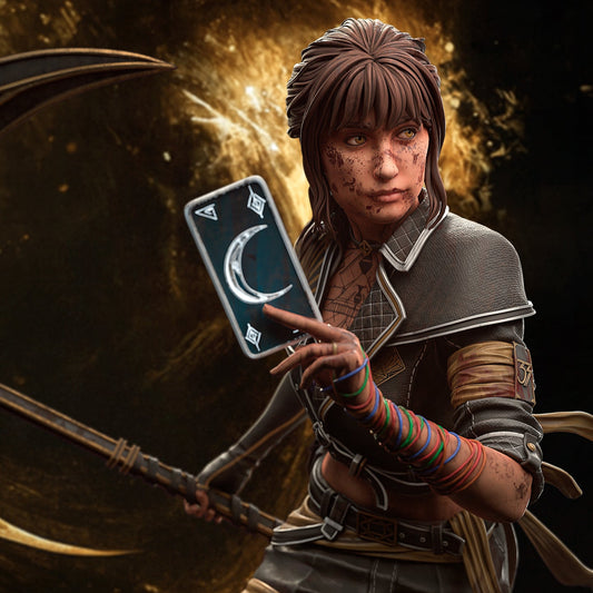 Painted render of Sciel Expedition 33 collectible highlighting scythe, tattoos, and expression.