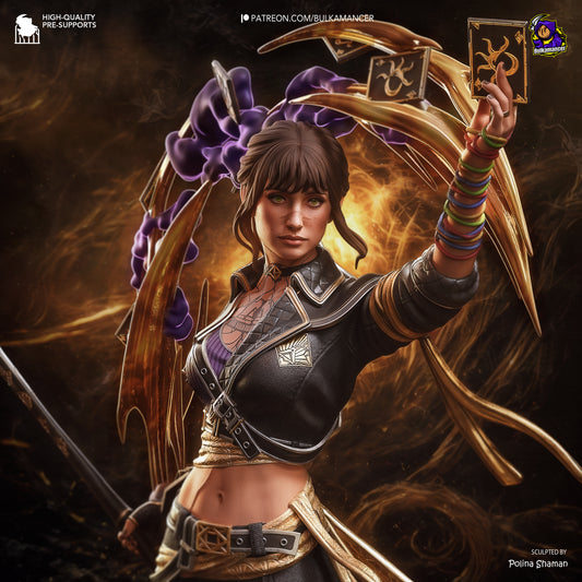 Sciel close-up portrait render, showing facial detail, tattoos, and raised card pose.