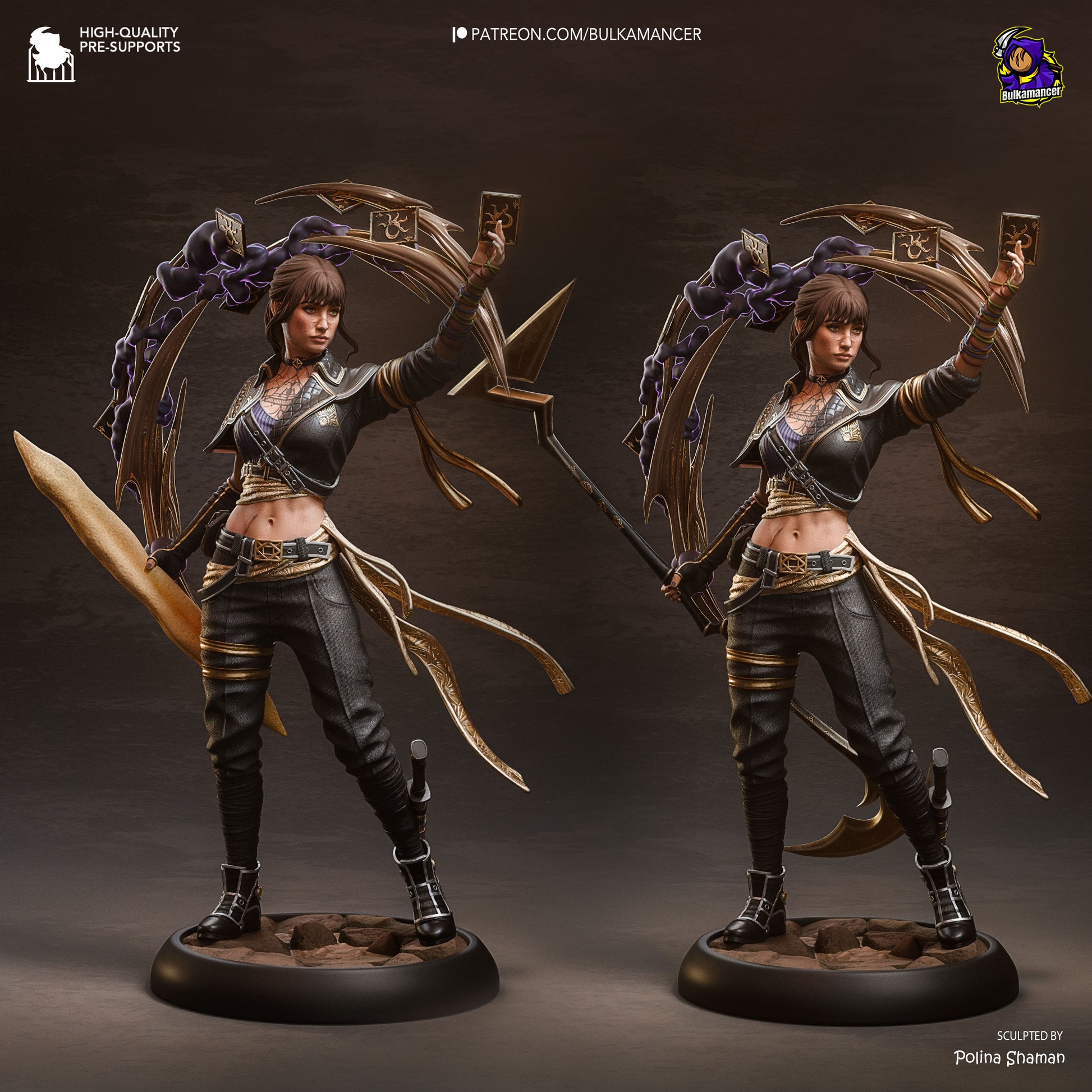 Sciel collectible figure full view, holding cards and spear with ornate arcane halo, 1:8 scale.