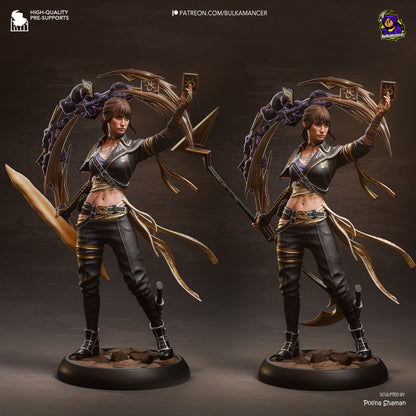 Sciel collectible figure full view, holding cards and spear with ornate arcane halo, 1:8 scale.
