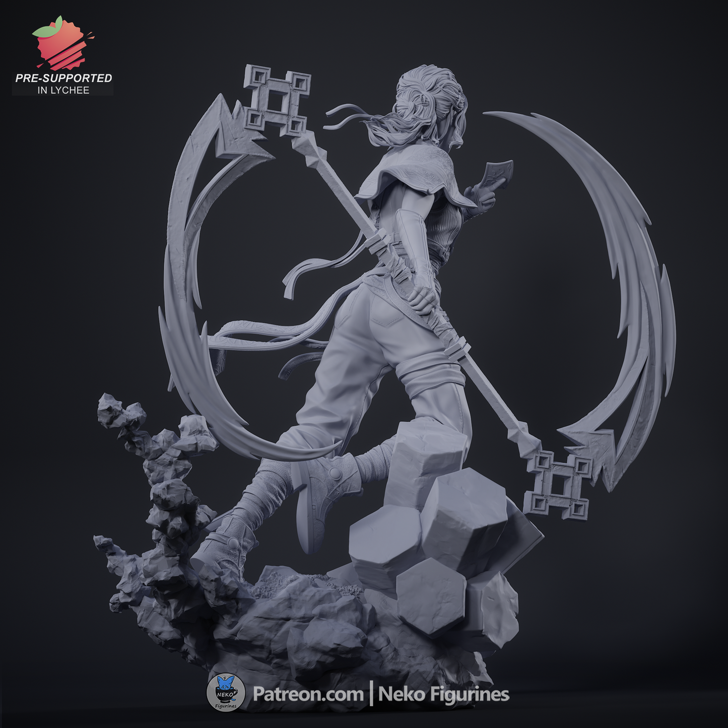 Sciel full gray render back – Rear view of Sciel Expedition 33 figurine in 1:7 scale, showing dynamic clothing, weapon details, and base structure.