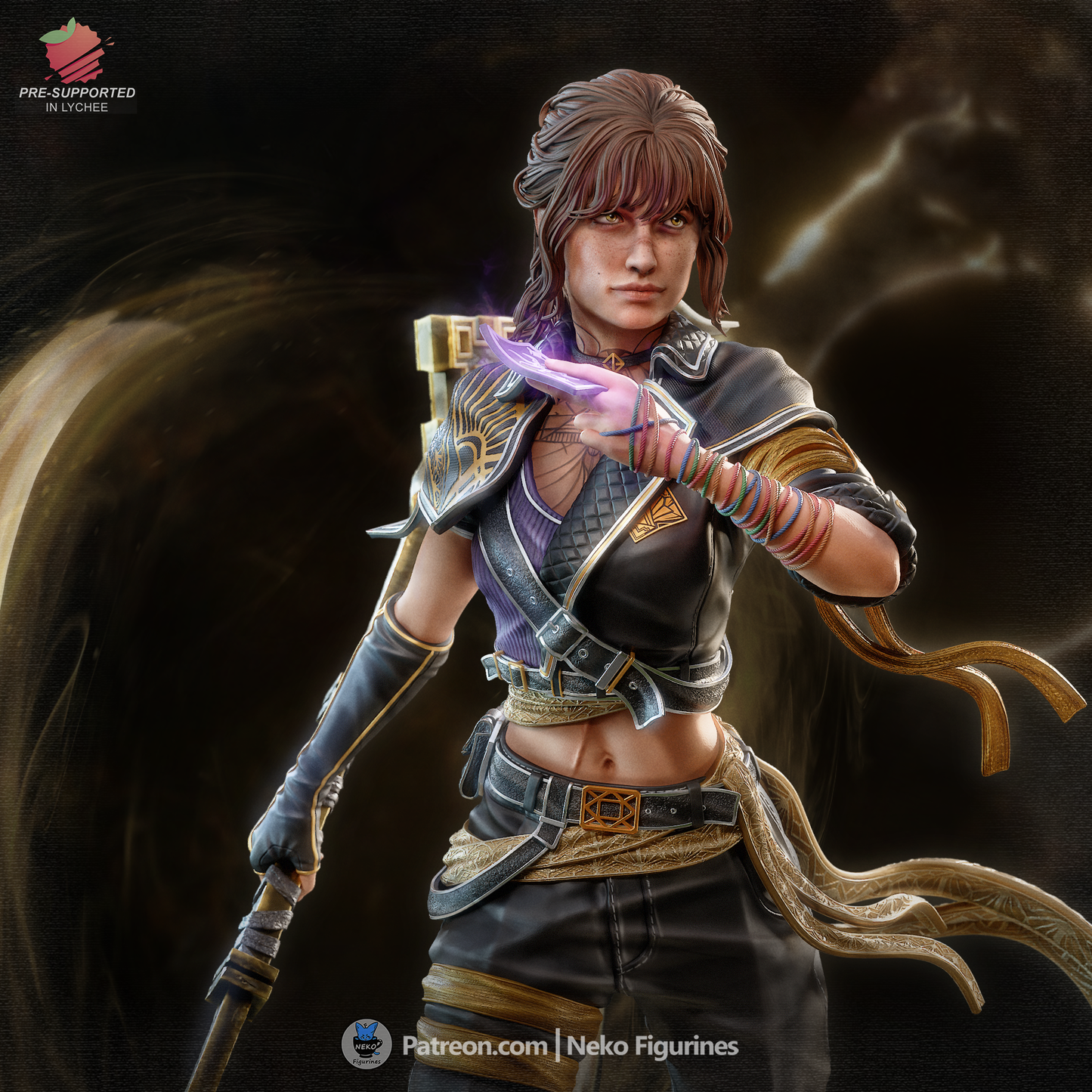 Sciel midshot colored render – Expedition 33 Sciel figurine in 1:7 scale, depicted with glowing energy in hand and detailed clothing, designed for collectible display.