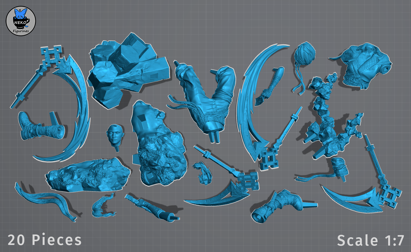 Sciel exploded pieces layout – Expedition 33 Sciel figurine kit shown in 20 modular parts, including body, weapons, base, and accessories for assembly.