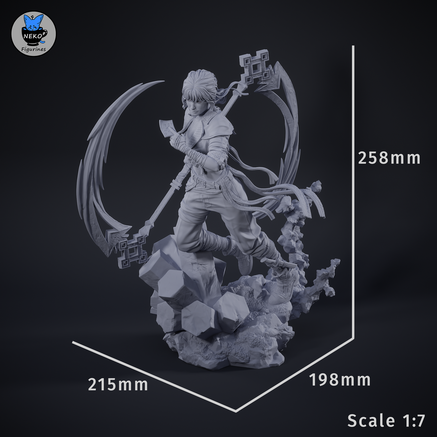 Sciel scale render – Sciel Expedition 33 collectible figurine at 1:7 scale with measurements: 258mm tall, 215mm wide, and 198mm deep, posed dynamically on rocky terrain.