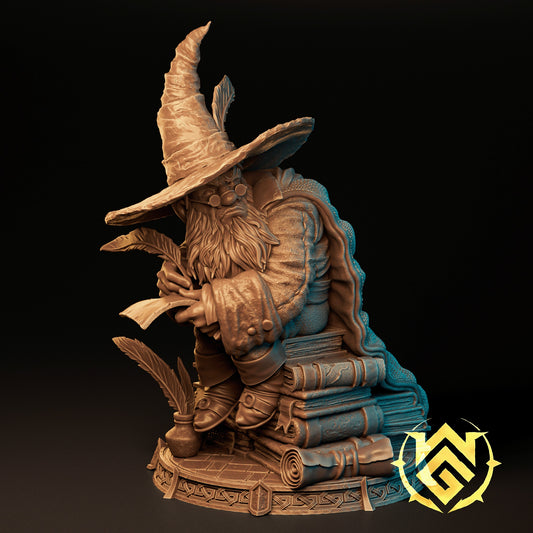 Scrib Galloway gnome wizard miniature seated on stacked books, holding a quill and scroll, wearing robes and pointed hat, scholarly spellcaster pose on detailed base for fantasy RPG use