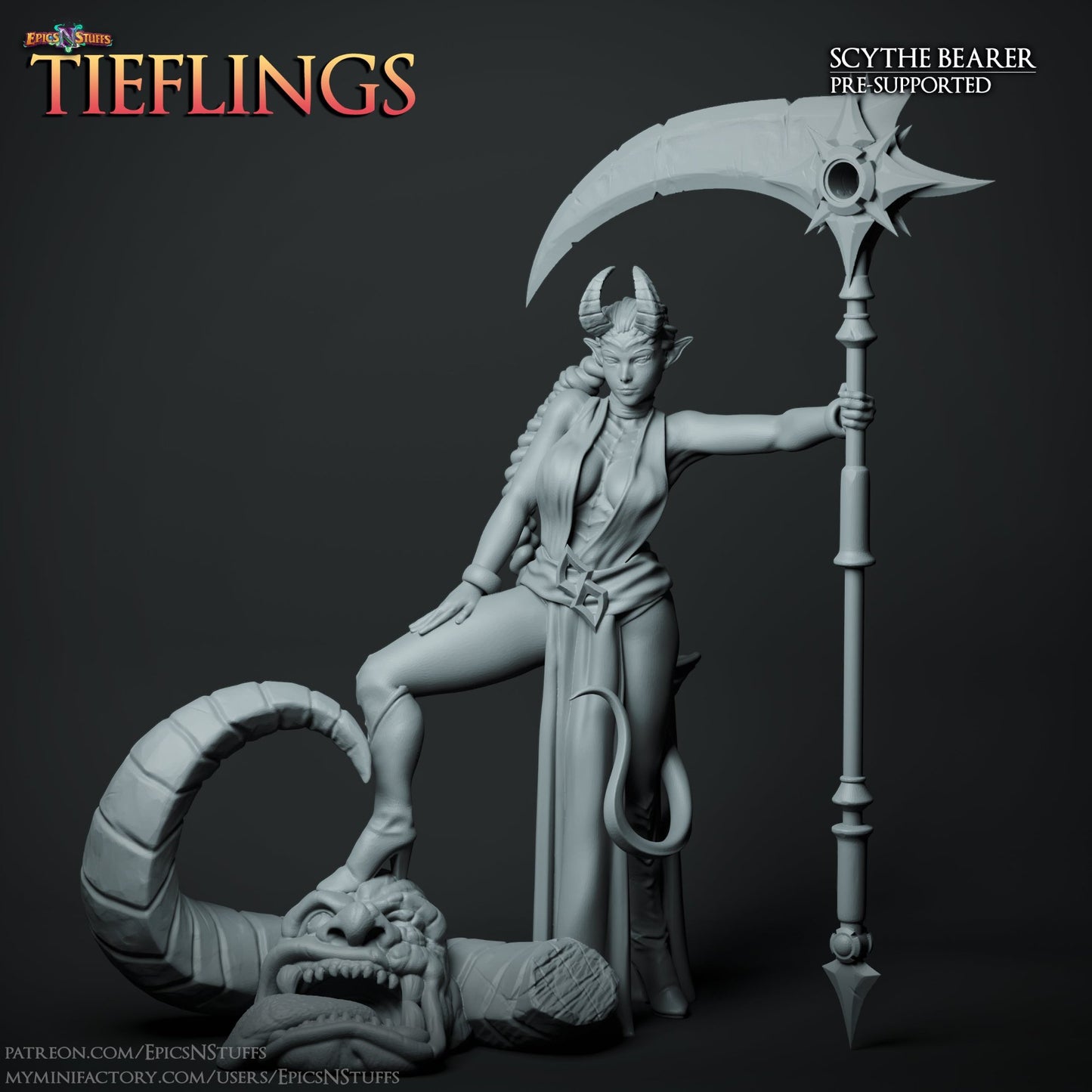 A Tiefling Scythebearer miniature posed with one foot on a severed demonic head, holding a large scythe. She has horns, a tail, and is dressed in flowing garments, exuding power and control.