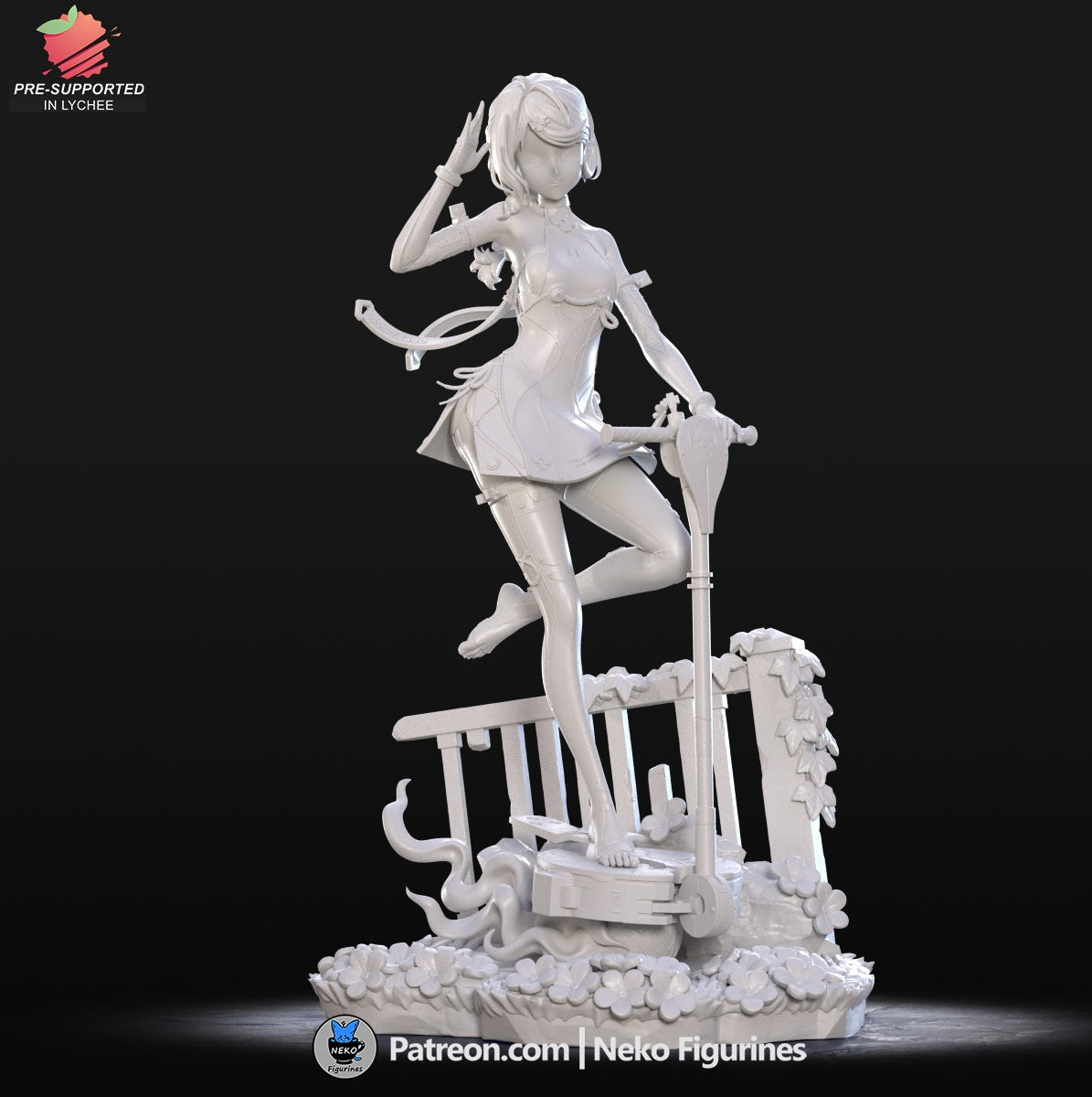 Seed Jr. collectible statue on scooter base with mechanical vines and floral details – Zenless Zone Zero 1:7 scale.