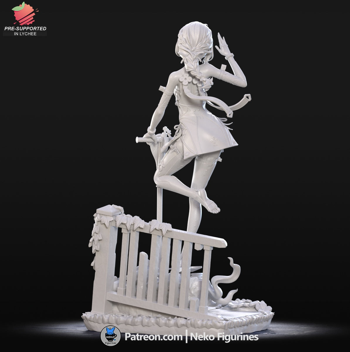 Seed Jr. rear view statue showing braided hair, dress details, and scenic base – Zenless Zone Zero 1:7 scale.
