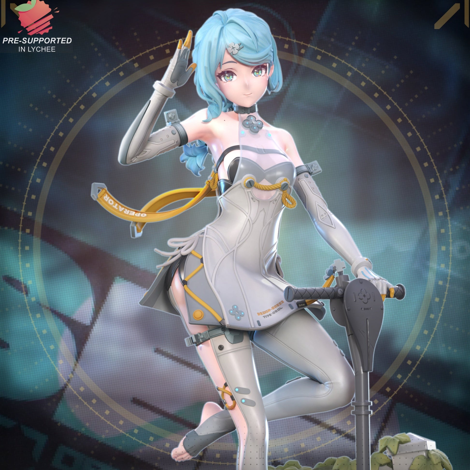 Seed Jr. colored render artwork with blue hair, salute pose, and scooter base – Zenless Zone Zero figure.