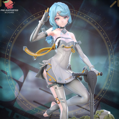 Seed Jr. colored render artwork with blue hair, salute pose, and scooter base – Zenless Zone Zero figure.