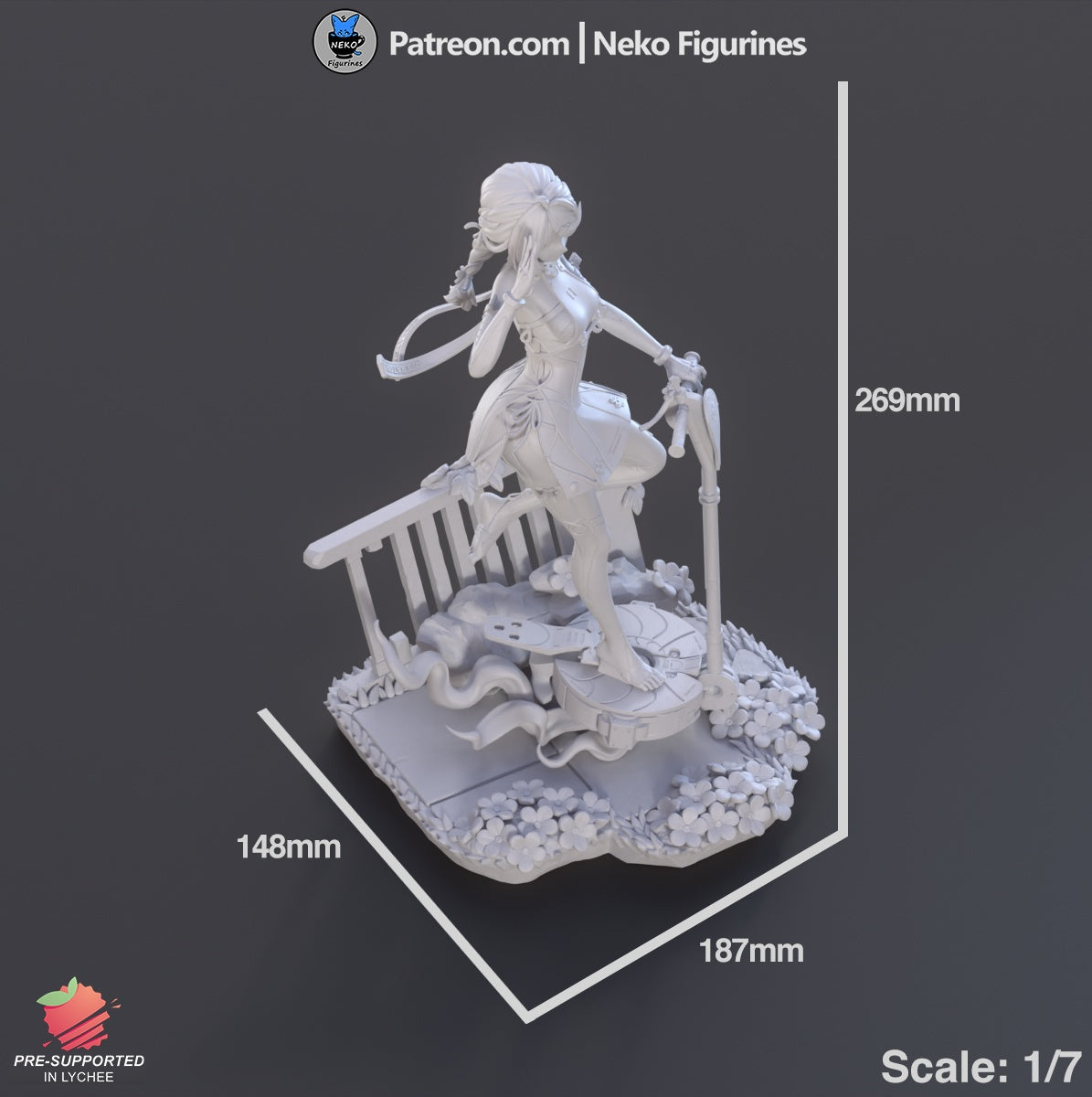 Seed Jr. 1:7 scale statue measurements showing height, width, and length with detailed base – Zenless Zone Zero.