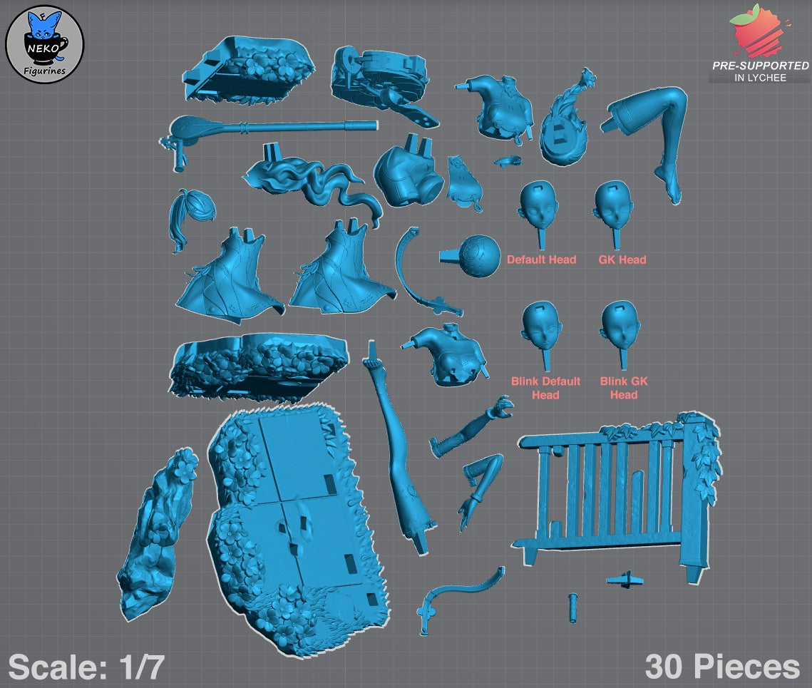 Seed Jr. exploded parts layout showing 30 assembly pieces and multiple head sculpts – Zenless Zone Zero statue.