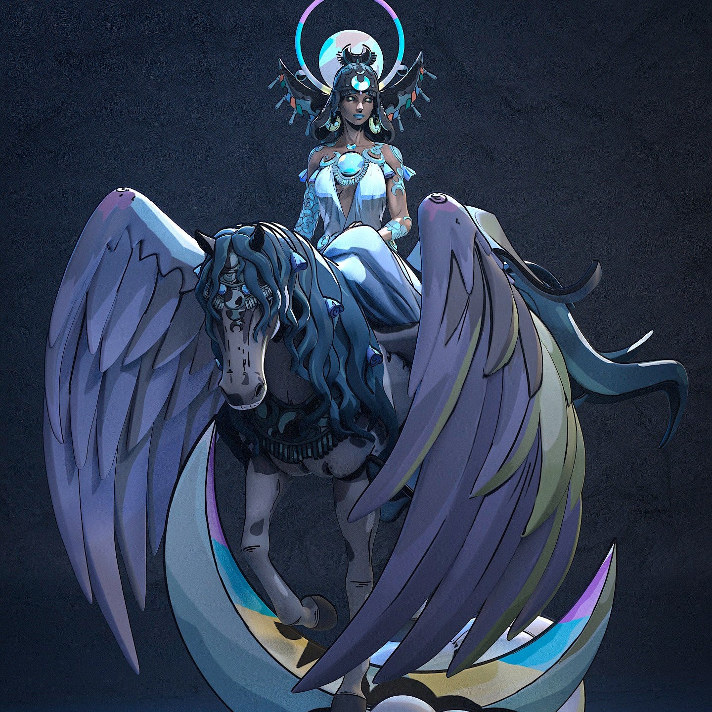Selene Hades 1:8 scale collectible statue showing moon goddess seated on winged horse, crescent moon base, halo crown, and flowing ceremonial garments