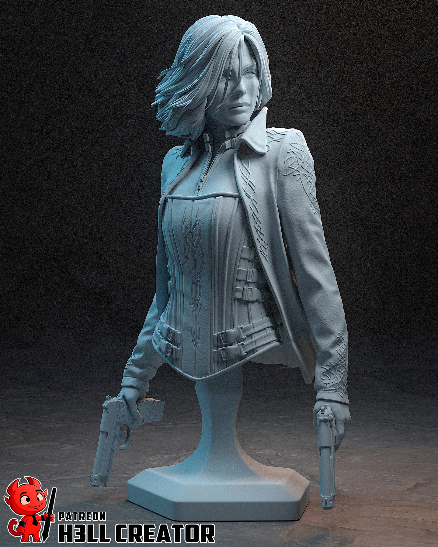 Selene Underworld bust close up portrait corset armor pistols