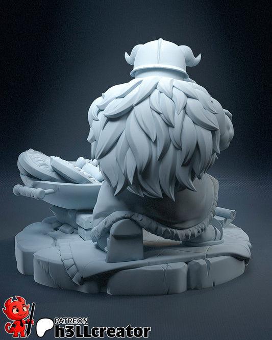 Rear view of Senshi figure showing textured fur cloak, horned helmet, and detailed base.