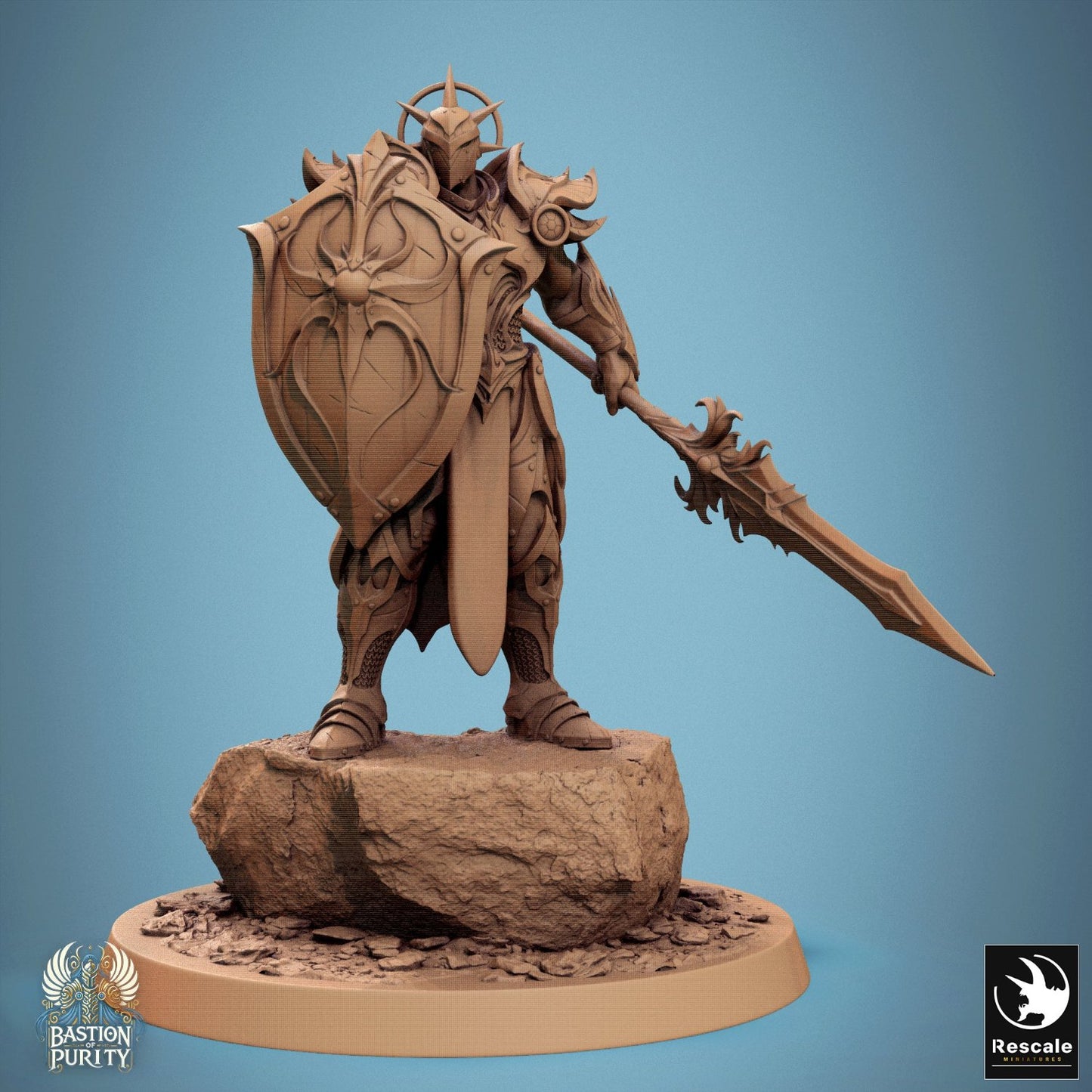 Sentinel commander holding a spear and large shield, wearing a distinct helmet adorned with decorative motifs, standing on a rocky base. Perfect as the noble leader for Dungeons & Dragons campaigns.