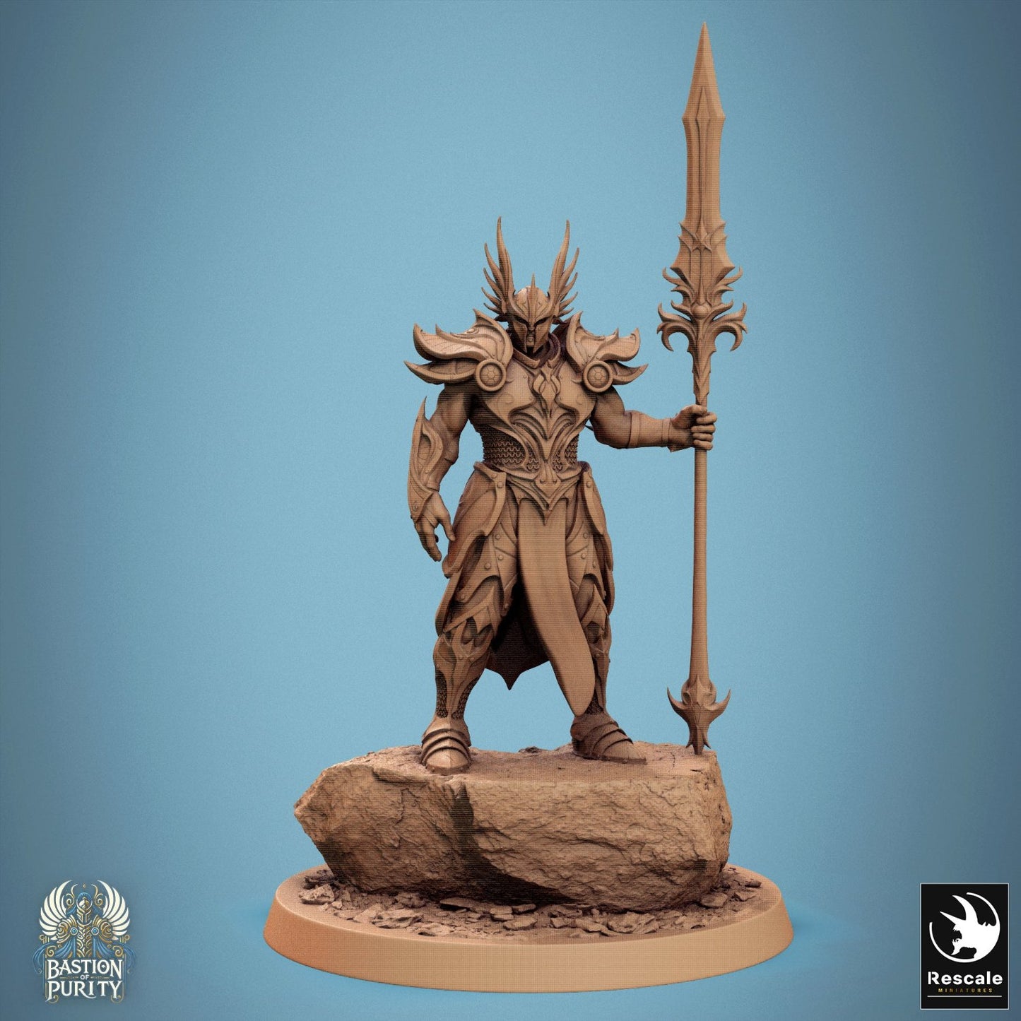 Sentinel armed with a spear, posed in a defensive stance, featuring a detailed armored helmet. Stands ready atop rocky terrain, a great addition to a holy knight narrative in any RPG.