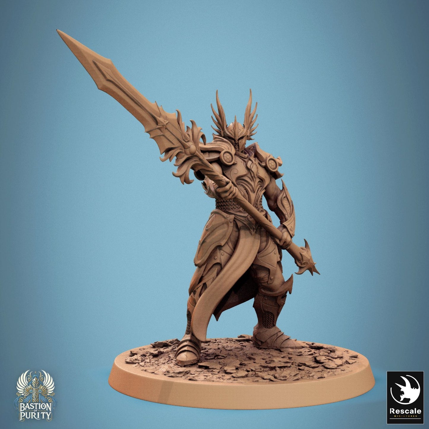 Sentinel warrior standing confidently with a large spear in hand, showing prowess and discipline, armor detailed with elaborate engravings. Suitable for TTRPG settings where guardians of holy places need a spear-wielding hero.