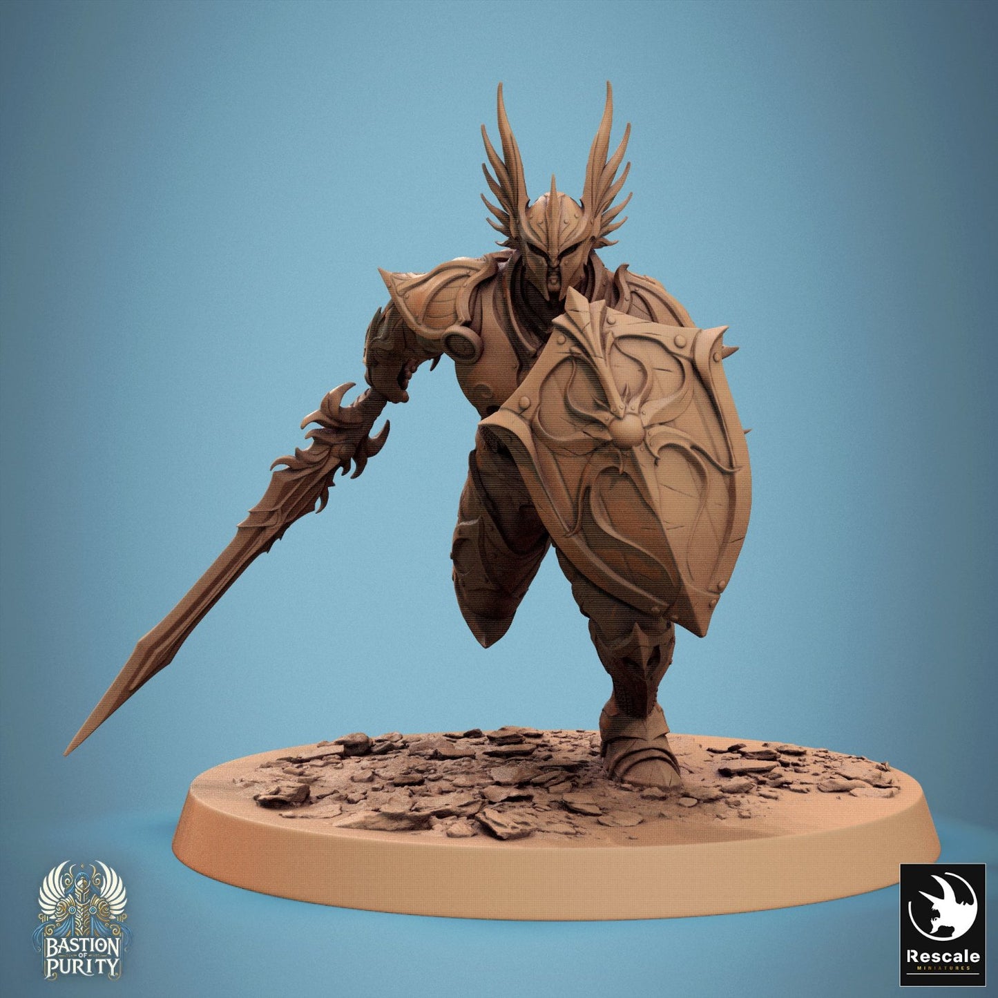  Sentinel bearing a sword and shield, helmeted with a symbol of a sunburst. Stands atop a rocky base, defensive stance prepared. Perfect for heroic encounters in Pathfinder settings.