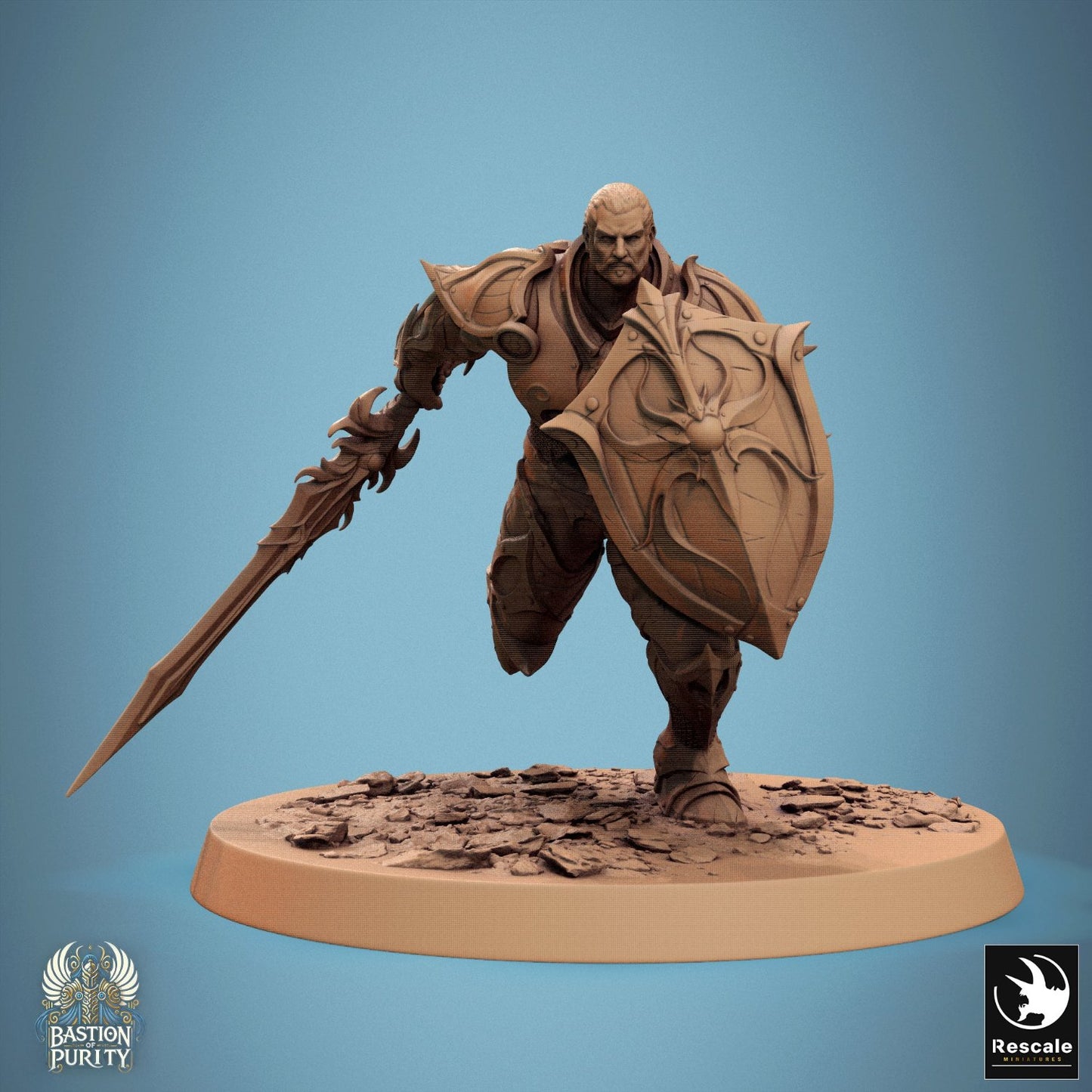 Helmetless version of the Sentinel with a shield, showcasing a stern expression and defensive stance. Armor plates exhibit elaborate detail, suitable for dramatic defenses in fantasy RPG adventures.