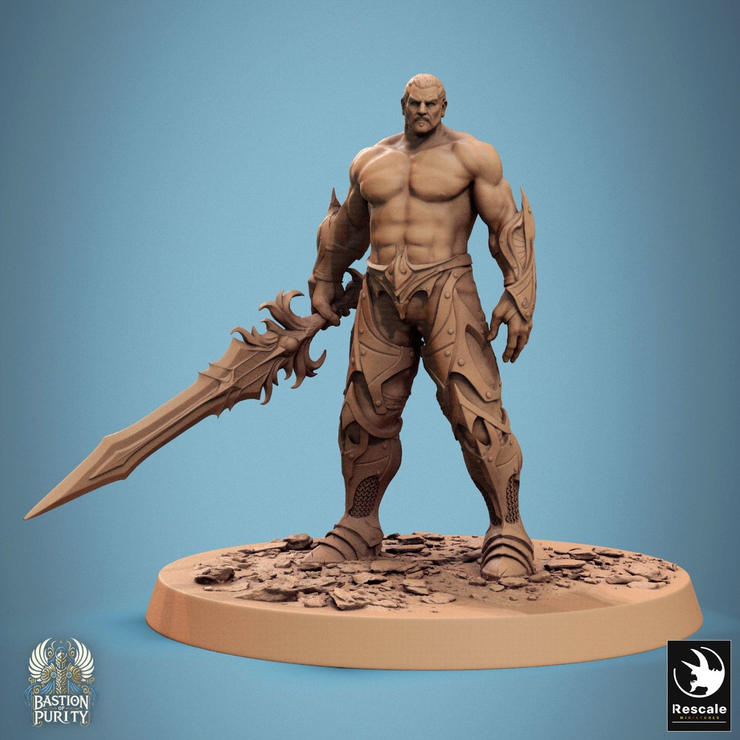 Helmetless version of the Sentinel with a sword. The figure stands strong, poised to defend, revealing a bold, resolute expression. Great for an adventuring hero in fantasy TTRPGs like Pathfinder.