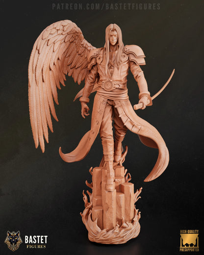 Full clay render of Sephiroth figure with katana drawn and wing extended, standing over rock and flame base – Final Fantasy VII collectible model.