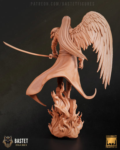 Rear view of Sephiroth full figure with katana and wing extended, standing over sculpted flames – Final Fantasy VII collectible.