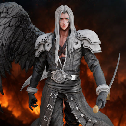 Close-up of Sephiroth full figure with detailed facial features, armor, and katana against fiery background – Final Fantasy VII collectible statue.