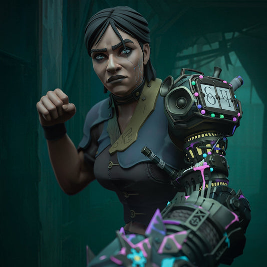 Sevika close-up – Painted version of Sevika Arcane collectible highlighting face, mechanical arm glowing with energy, and combat pose.