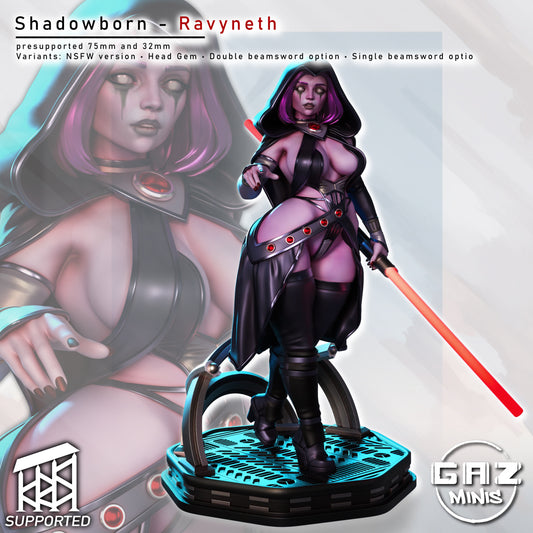 Shadowborn Ravyneth Darth Talon inspired Sith sorceress miniature wielding red lightsaber, hooded dark side female character on sci fi base