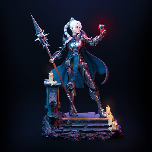 Front view of Shadowheart collectible figure standing confidently with spear in one hand and artifact raised in the other.