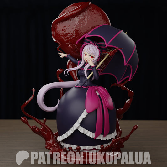 Painted Shalltear Bloodfallen Overlord figure in gothic outfit with pink highlights, parasol, and red tendril base – 1:7 scale collectible anime figure.