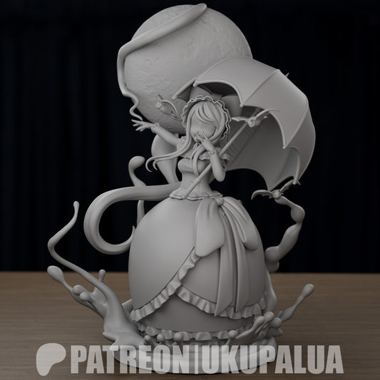 Shalltear Bloodfallen Overlord unpainted figure showing character pose holding parasol in gothic dress with tentacle-like base – 1:7 scale collectible.