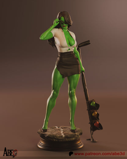 Full statue office outfit – She-Hulk 1:4 scale statue standing on cracked street base, wearing torn office clothes with broken traffic light prop.