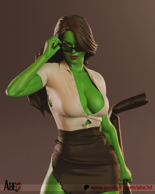 Close-up office outfit – She-Hulk 1:4 scale statue from Marvel Comics, green-skinned heroine adjusting glasses, white shirt, black skirt, and confident pose.