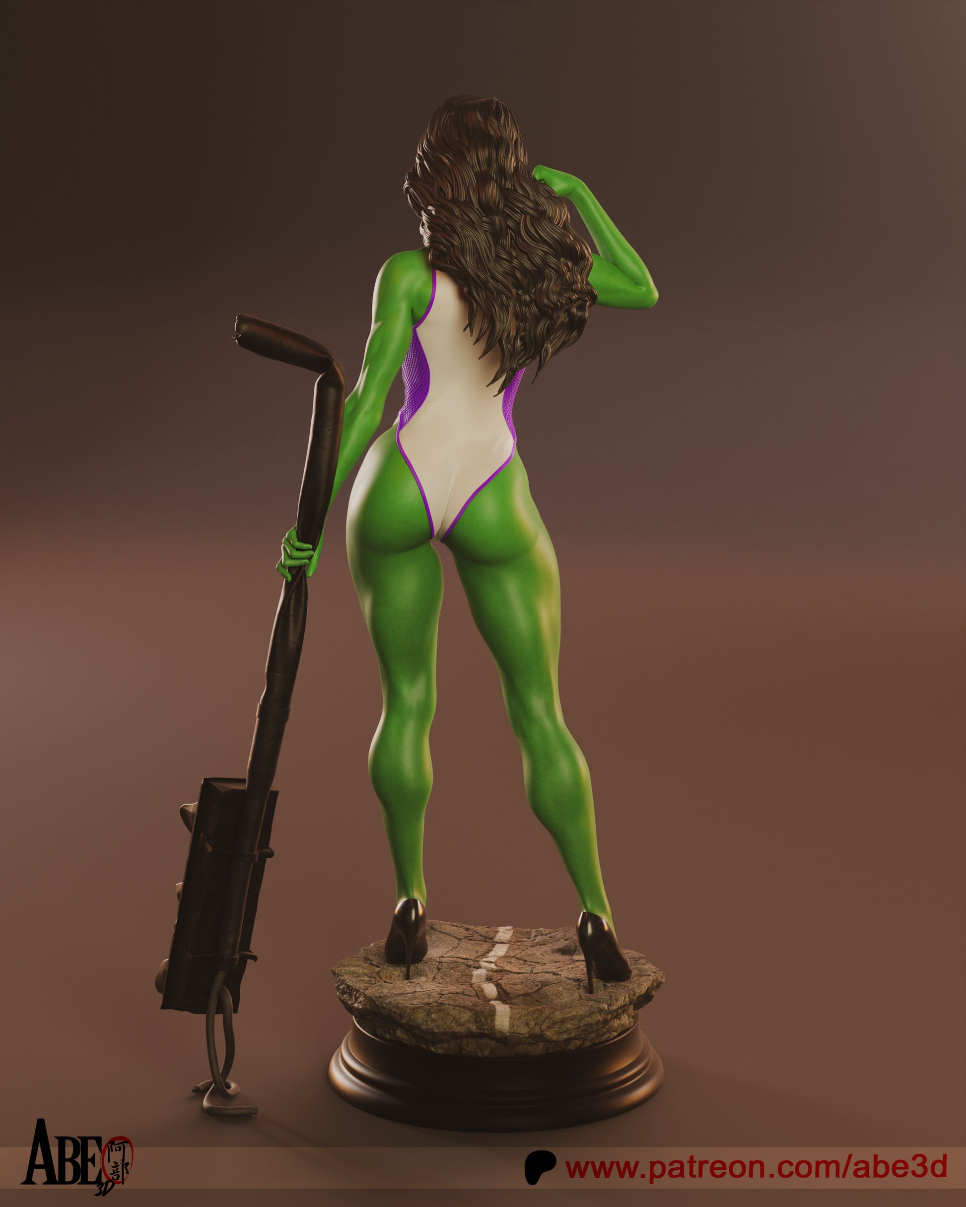 Rear angle leotard suit – She-Hulk statue back view, flowing hair, purple and white leotard, high heels, and cracked street base.