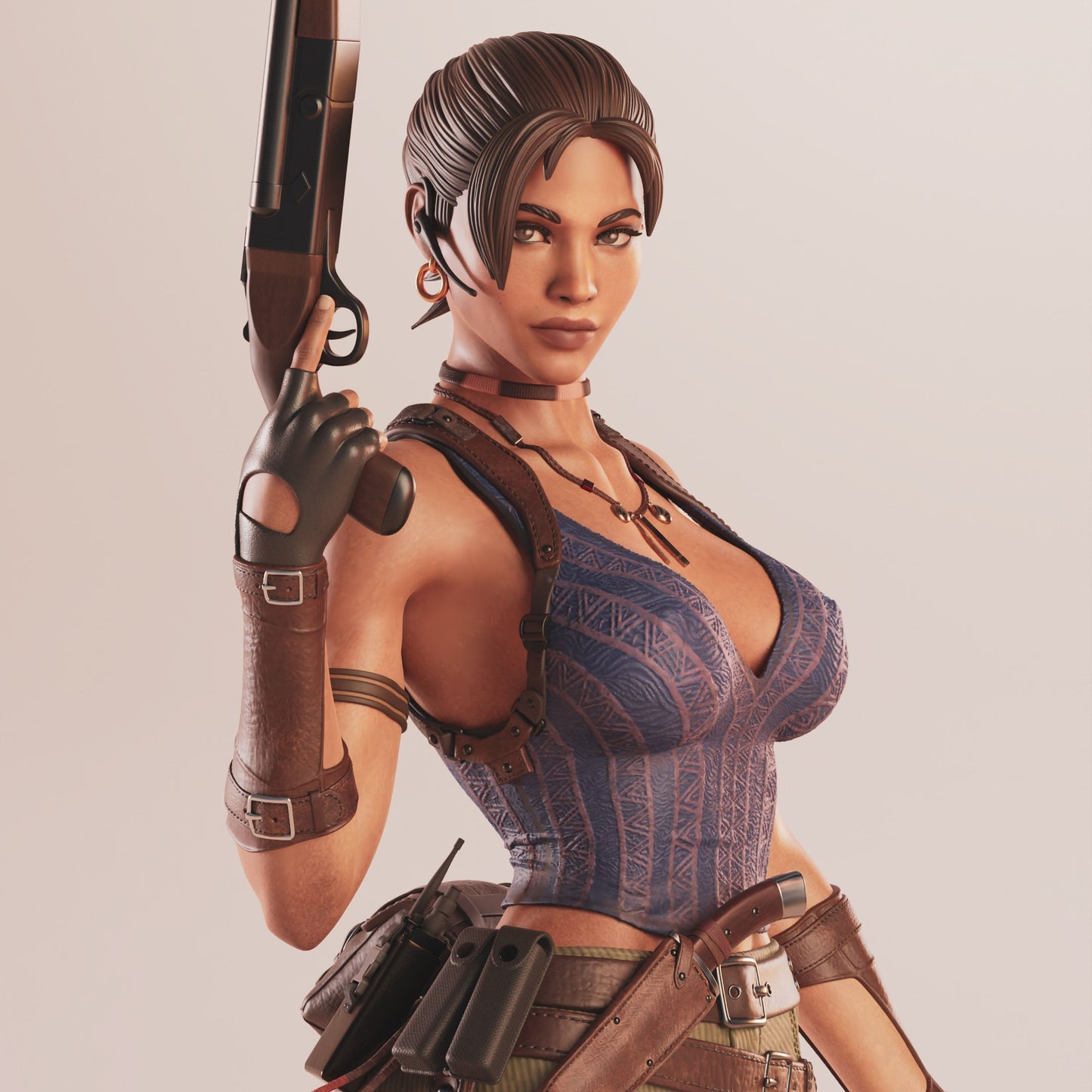 Sheva Alomar Resident Evil figure close-up showing facial sculpt, gloves, corset-style top, and weapon grip