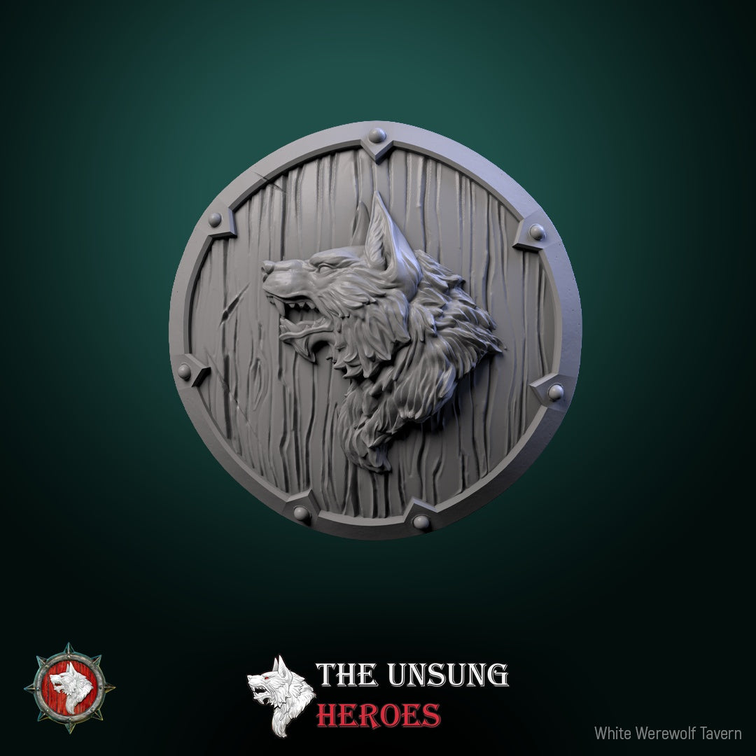 Wooden shield with wolf emblem – fantasy RPG tavern decor prop for tabletop terrain in Pathfinder and Dungeons & Dragons