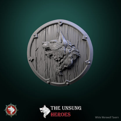 Wooden shield with wolf emblem – fantasy RPG tavern decor prop for tabletop terrain in Pathfinder and Dungeons & Dragons