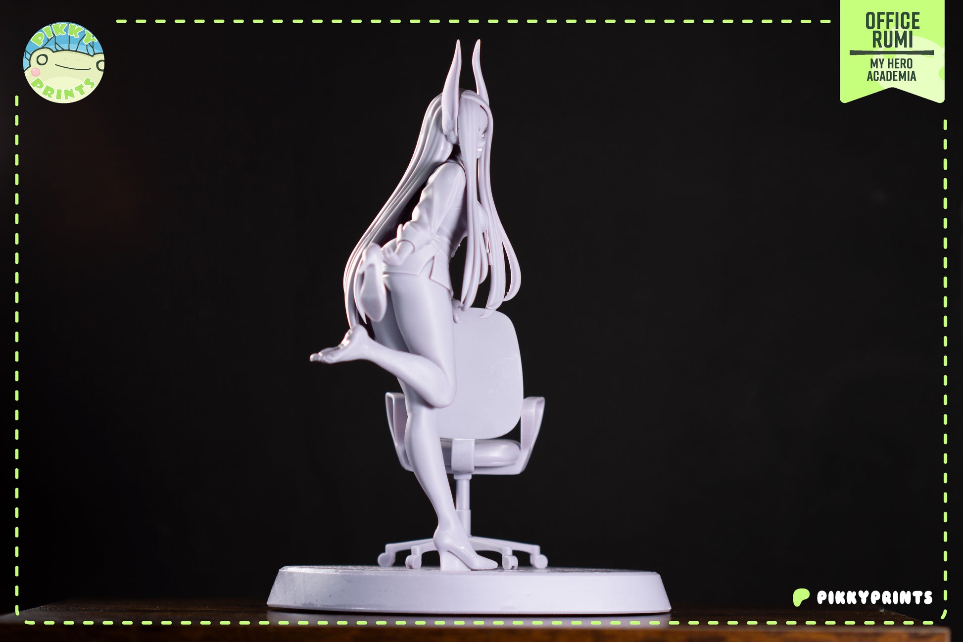 Office Rumi Mirko figure side view seated against office chair on round display base