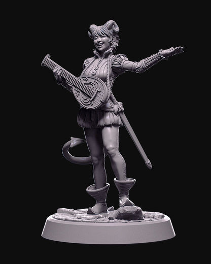 Tiefling female bard miniature, Sigrid Yalve, holding a lute and standing in a charismatic pose. She has curled horns, a detailed outfit, and a playful expression, ideal for use in D&D or Pathfinder tabletop games.