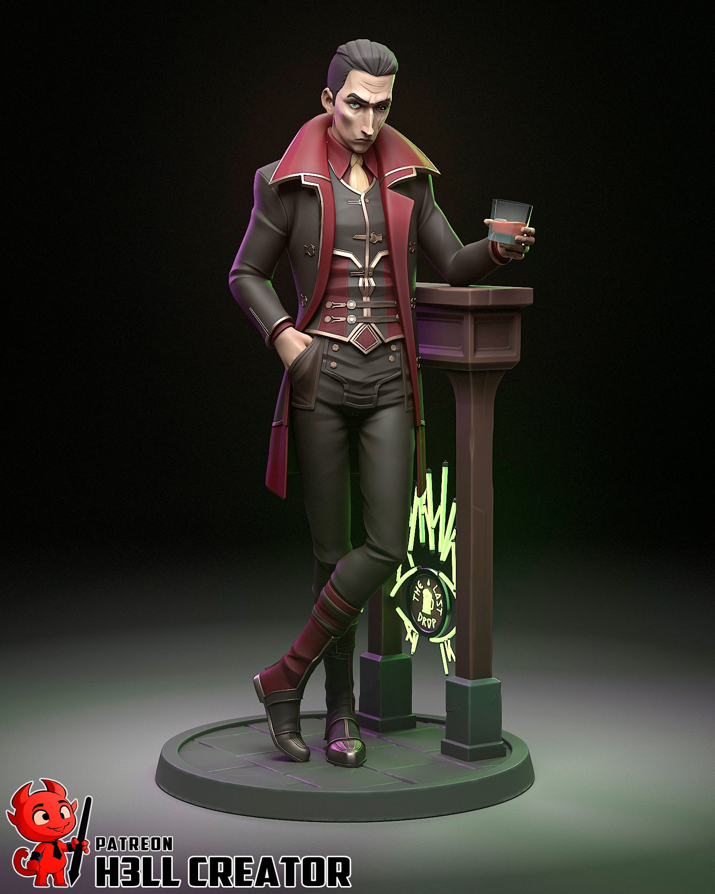 Color Render 1:12 figure of Silco in dramatic lighting, detailed with red interior coat lining and etched bar design.