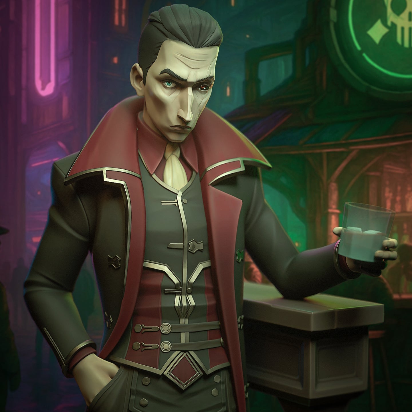 Colored render of Silco from Arcane, leaning against a bar pedestal with “The Last Drop” sign glowing behind him.