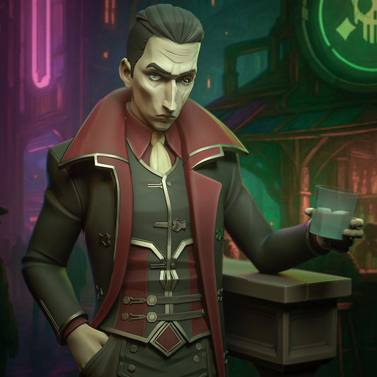 Colored render of Silco from Arcane, leaning against a bar pedestal with “The Last Drop” sign glowing behind him.