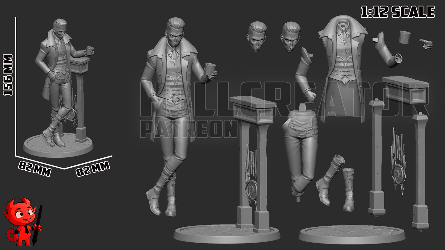  Unpainted 3D render showing Silco’s 1:12 scale figure with modular parts, standing with one leg crossed, hand in pocket, and drink resting on a pedestal.