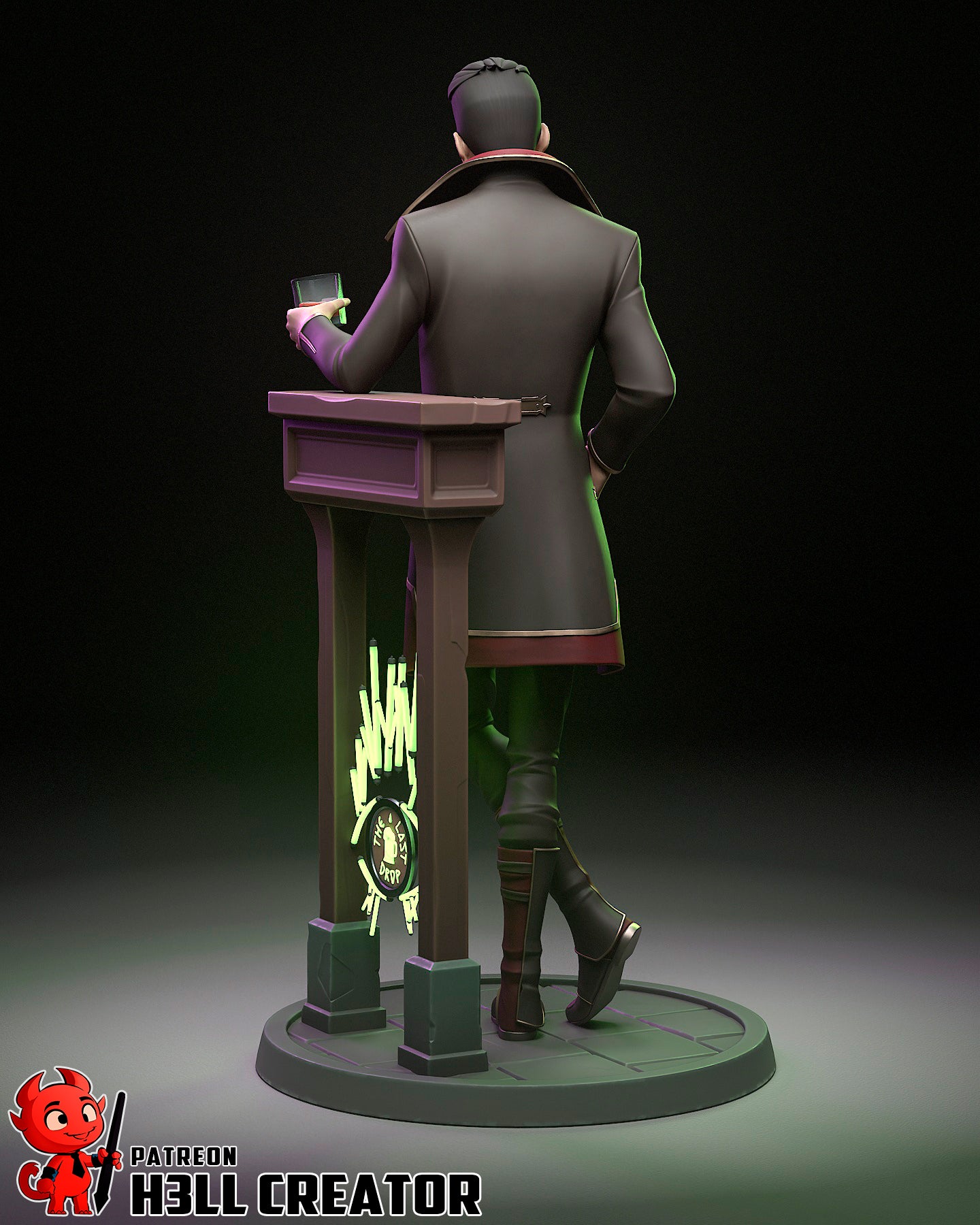 Rear view of the painted Silco figure showing the coat’s back design and the glowing “The Last Drop” symbol on the bar pedestal.