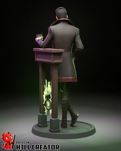 Rear view of the painted Silco figure showing the coat’s back design and the glowing “The Last Drop” symbol on the bar pedestal.