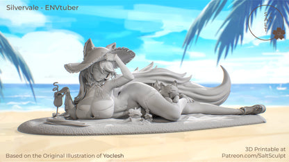 SFW render of Silvervale figure reclining on beach towel with sunhat, drink in hand, fox plushes at her side, swimsuit variant

